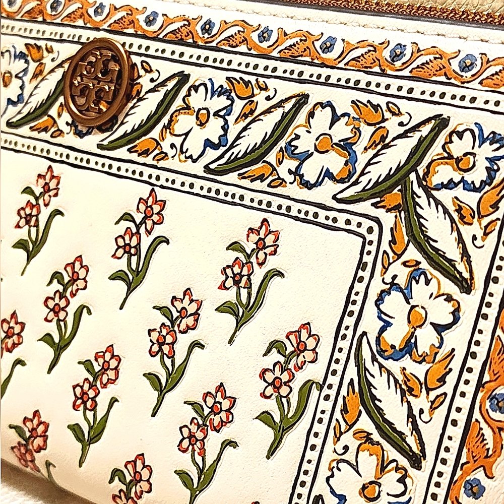 NWT ~Tory Burch Walker Printed Leather Slim Wallet Beige Flower Ditsy Border - Picture 6 of 16
